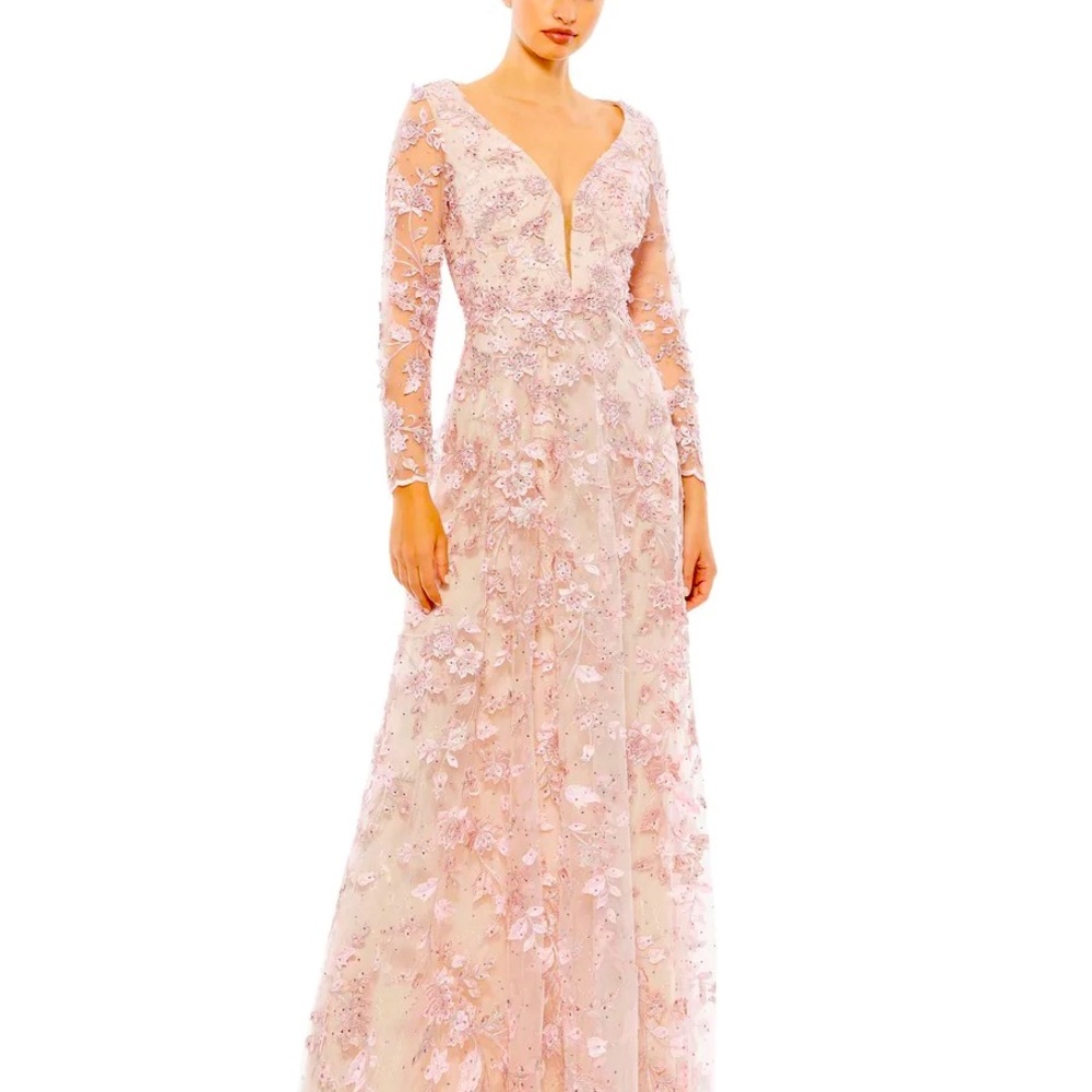 Mac Duggal 67483 Rose Pink Floral Applique Long Sleeve Illusion Gown Size 18 NEW